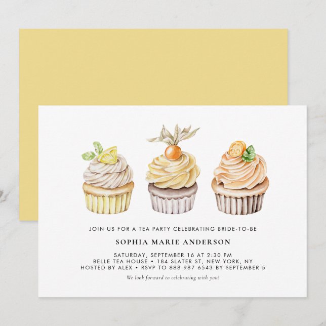 Watercolor Berry and Citrus Cupcakes Tea Party Invitation (Front/Back)
