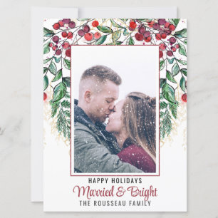 Watercolor Berry Evergreen Married & Bright Holida Holiday Card
