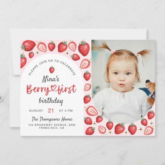 Watercolor Berry First Sweet Birthday Photo Invitation (Front)