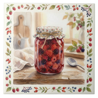 Watercolor Berry Jam Jar Cottagecore Kitchen Tile