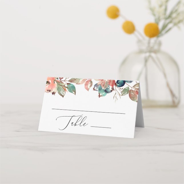Watercolor Berry Leaves Wedding | Fall Romantic Place Card (Front)
