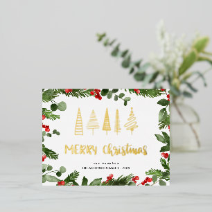 Watercolor Berry Merry Christmas Typography Foil Holiday Postcard