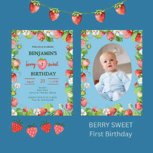 watercolor berry sweet first boys birthday photo invitation