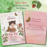 Watercolor 'Berry Sweet' Girl First Birthday Invitation<br><div class="desc">Invite friends and family to celebrate a monumental milestone with our enchanting 'Michaela's Berry First' Birthday Party Invitation! This delightful watercolor design features a charming baby girl holding a basket of ripe strawberries, surrounded by vibrant strawberry vines, a graceful butterfly, a whimsical snail with a strawberry shell, and a playful...</div>