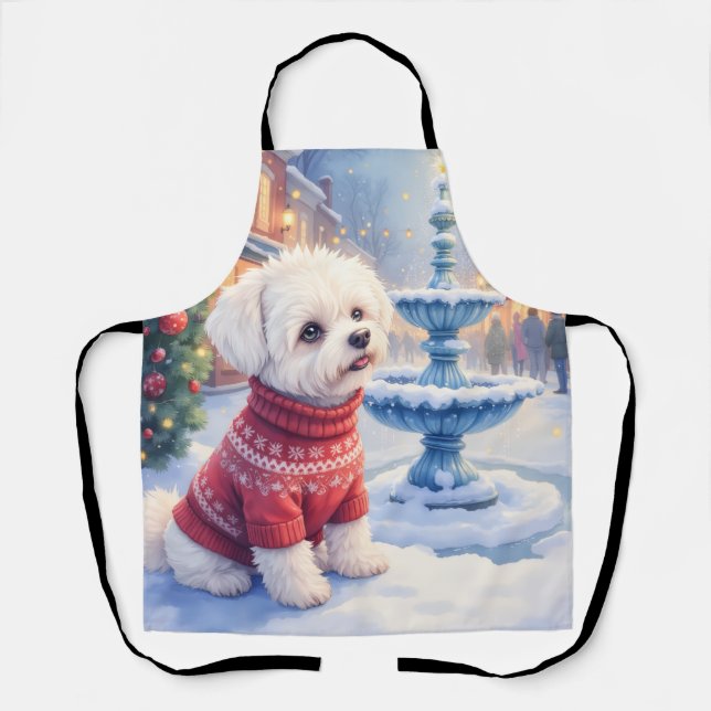 Watercolor Bichon Frise Festive Fountain Christmas Apron (Front)