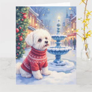 Watercolor Bichon Frise Festive Fountain Christmas Card