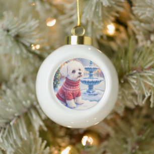 Watercolor Bichon Frise Festive Fountain Christmas Ceramic Ball Christmas Ornament