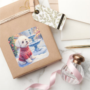 Watercolor Bichon Frise Festive Fountain Christmas Square Sticker