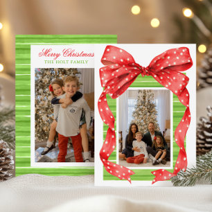 Watercolor Big Red Bow Present Christmas Photo Holiday Card