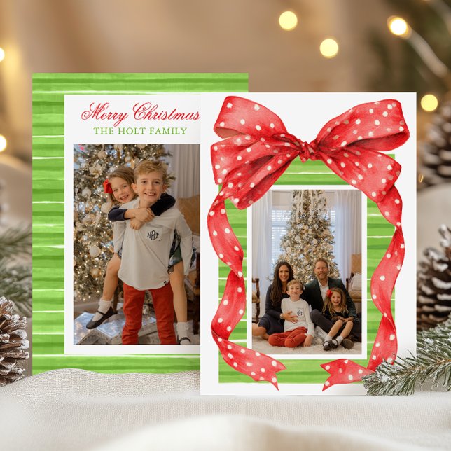 Watercolor Big Red Bow Present Christmas Photo Holiday Card (Creator Uploaded)