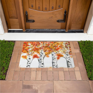 Watercolor Birches Trees Fall Autumn orange Leaves Doormat