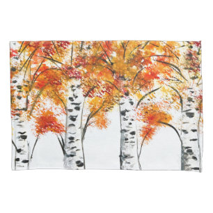 Watercolor Birches Trees Fall Autumn orange Leaves Pillowcase