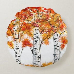 Watercolor Birches Trees Fall Autumn orange Leaves Round Pillow