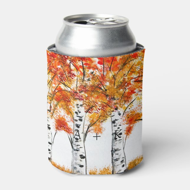 Watercolor Birches Trees Fall Autumn Wedding Can Cooler (Can Front)