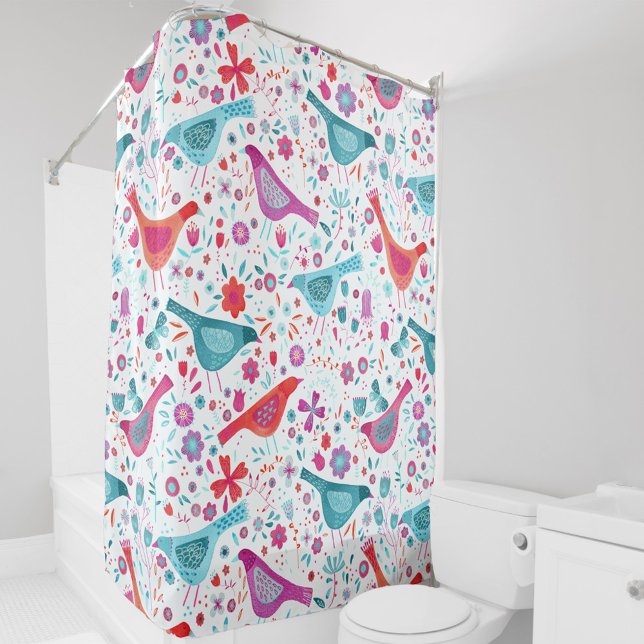 Watercolor Bird and Floral (Watercolor birds & flowers painting in teal green, magenta pink, purple & orange art shower curtain)