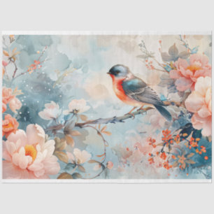 Watercolor Bird and Pink Flowers Decoupage Tissue Paper