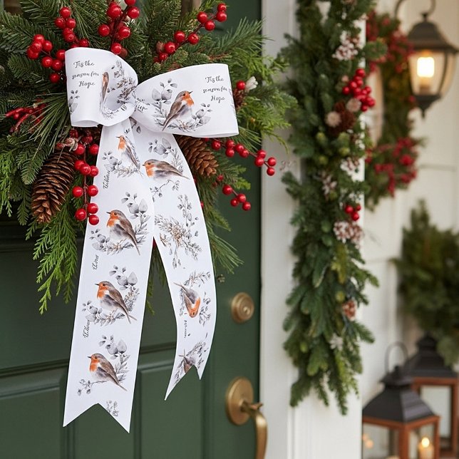 Watercolor bird and snow custom holiday  satin ribbon (Creator Uploaded)