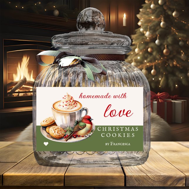 Watercolor Bird Cute Christmas Cookies  Sticker (Festive Christmas cookies label featuring a watercolor cappuccino with cute bird and cookies)
