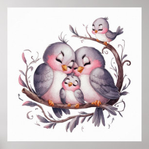 Watercolor bird family with kids#2 poster