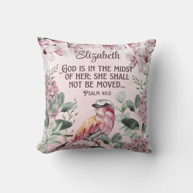 Watercolor Bird Flowers Christian Scripture Name   Throw Pillow (Front)