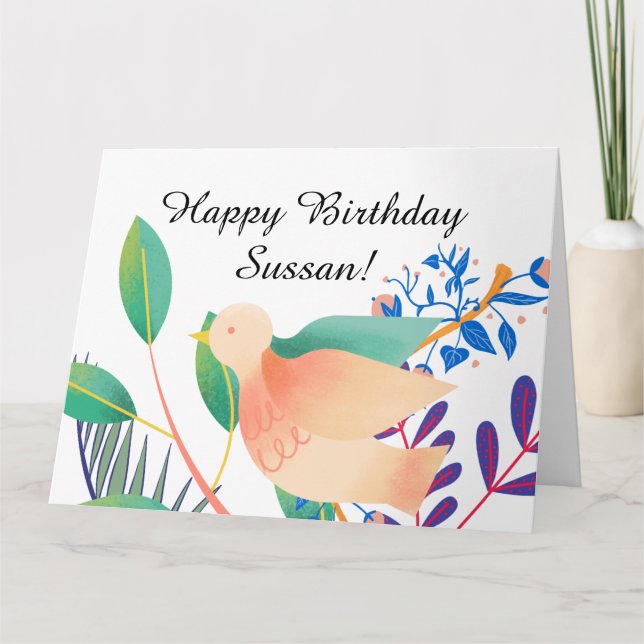 Watercolor Bird Happy Birthday Wishes Photo Text Card (Front)