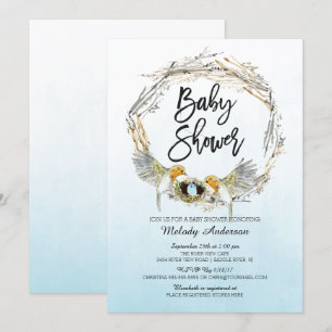 Watercolor Bird Nest Boys Baby Shower Invite