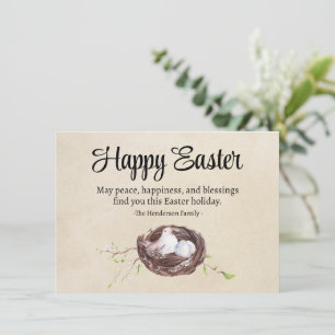 Watercolor Bird Nest with Eggs Rustic Happy Easter Card