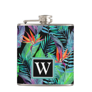 Watercolor Bird Of Paradise   Add Your Initial Hip Flask