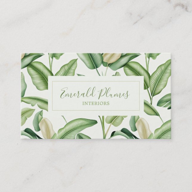 Watercolor Bird of Paradise Leaves Monogram  Business Card (Front)