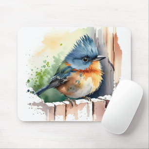 Watercolor Bird On A Fence Mouse Pad