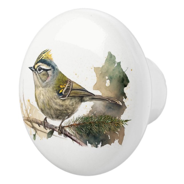 Watercolor Bird on a Pine Branch Ceramic Knob (Right)