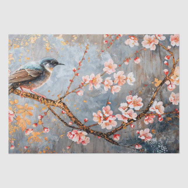 Watercolor Bird on Cherry Blossom Tissue Paper (Front)