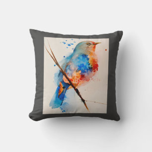 Watercolor Bird Painting Canvas Wall Art Blue Bird Throw Pillow