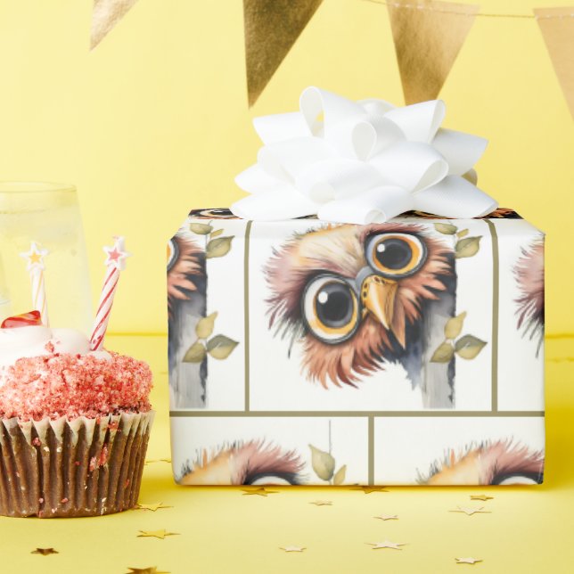 Watercolor Bird Peeking Around Tree Wrapping Paper (Birthday Party)