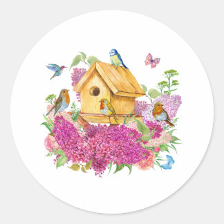 Watercolor Birdhouse, Birds and Lilac Flowers  Classic Round Sticker