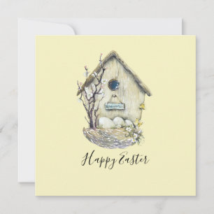 Watercolor Birdhouse Egg Nest Easter Card