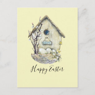 Watercolor Birdhouse Egg Nest Easter Postcard