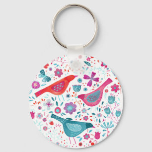 Watercolor Birds and Flowers Colourful Painting Keychain