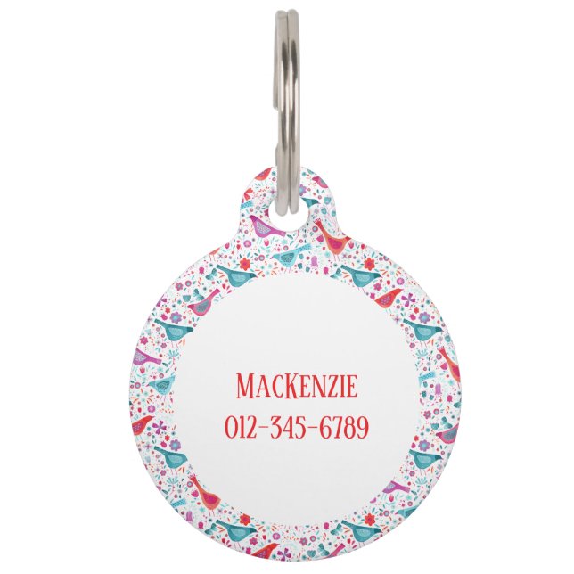 Watercolor Birds and Flowers Custom Name Pet Tag (Back)