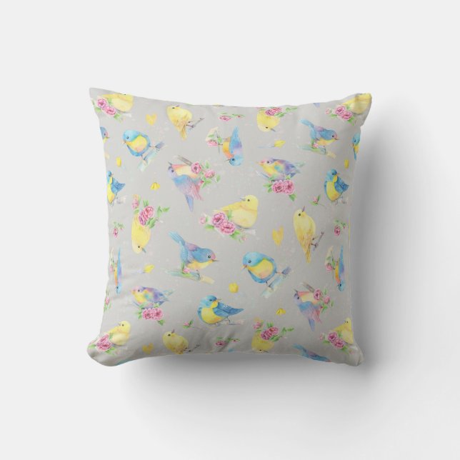Watercolor Birds and Flowers Pattern hand drawn Throw Pillow (Front)