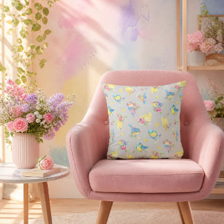 Watercolor Birds and Flowers Pattern hand drawn Throw Pillow