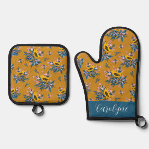 Watercolor Birds and Foliage Autumn Pattern Oven Mitt & Pot Holder Set