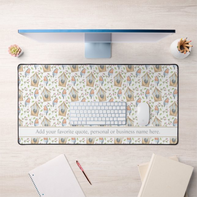 Watercolor Birds & Birdhouse Pattern Custom Text Desk Mat (Office 1)