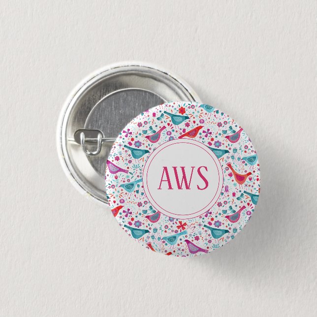 Watercolor Birds Bright Monogram 1 Inch Round Button (Front & Back)