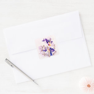 Watercolor Birds Floral Purple Glitter Square Sticker