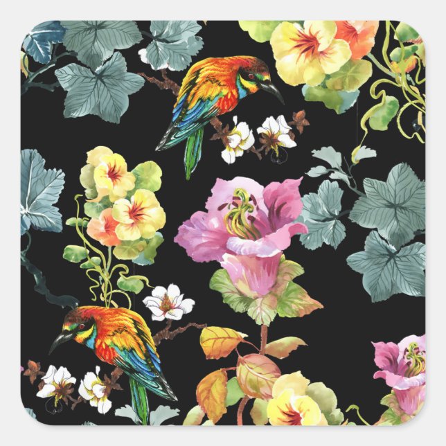 Watercolor Birds Flowers: Colourful Seamless. Square Sticker (Front)