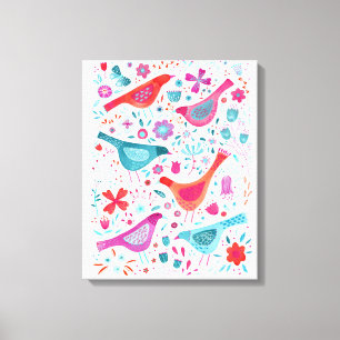 Watercolor Birds in a Garden of Flowers Painting Canvas Print