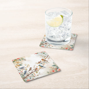 Watercolor Birds in Bloom Square Paper Coaster