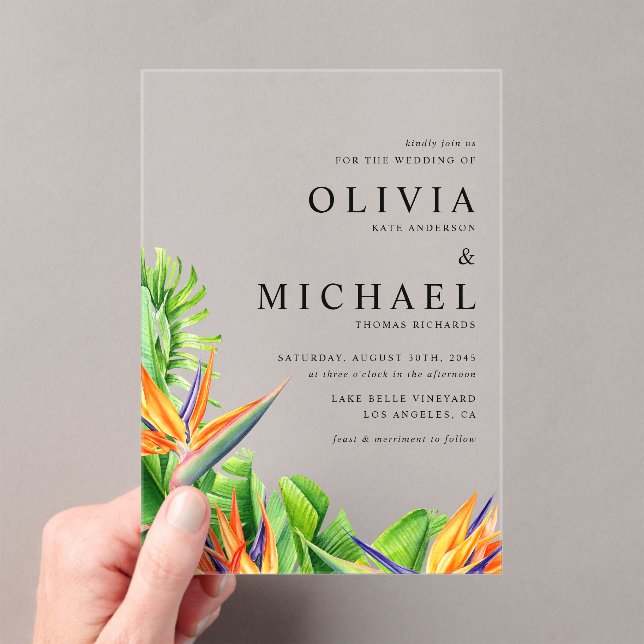 Watercolor Birds of Paradise Tropical Wedding Acrylic Invitations (Insitu (Handheld))