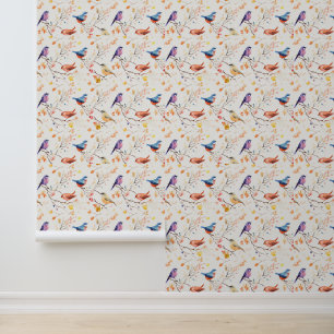 Watercolor Birds on Branch Pattern Wallpaper